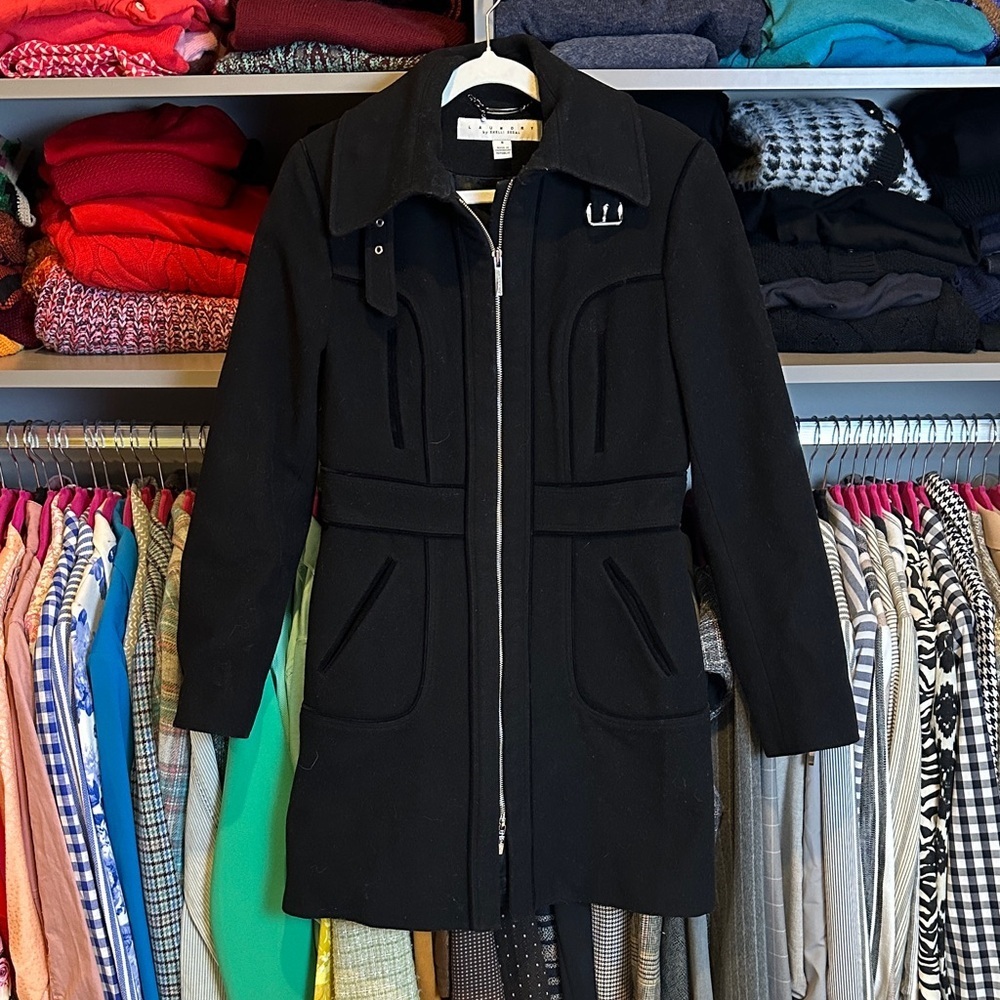 Laundry by Shelli Segal black 2 pocket back pleated 80% wool coat size 8